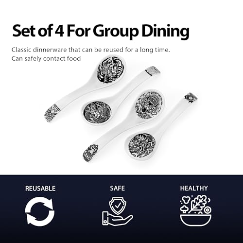 Hagary Ceramic Spoon Soup Spoons Asian Soup Spoon Chinese Korean Japanese Ramen Spoons Set of 4 with Hole 6.2 Inch (Black - Dragon Old) - color: Black - Dragon Old