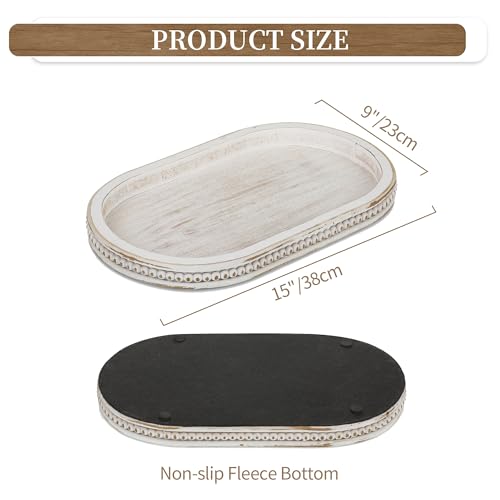 Hanobe 15" White Oval Decorative Trays for Coffee Table Decor, Beaded Edge - color: Oval Whitewash