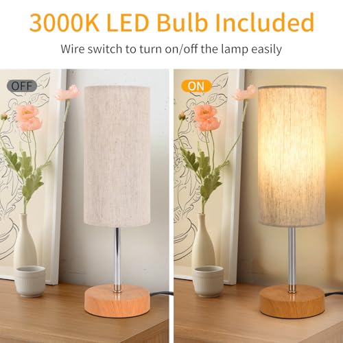 RISLG 2 Pack Small Table Lamps, Bedside Lamps for Nightstand with Wire Switch, Modern Minimalist Desk Lamp with Linen Fabric Shade for Dorm Kids Room Living Room Office Bedroom, Bulb Included - color: 2 Pack Beige-Wood, size: 13in