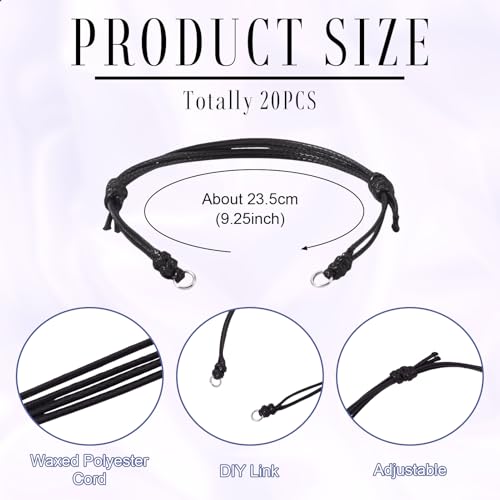 20Pcs Waxed Polyester Cord Bracelets Adjustable Braided Bracelets Handmade Friendship String Bracelets for DIY Women Jewelry Making Supplies (Black) - color: Black, size: 235mm