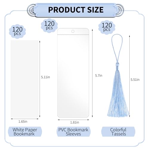120 Sets Blank Kraft Paper Bookmarks Kit with Tassels and PVC Sleeves - color: White/120pcs