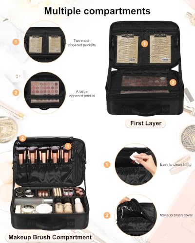 Relavel Makeup Bag Travel Makeup Train Case Large Cosmetic Case Professional Portable Makeup Brush Holder Organizer and Storage with Adjustable Dividers and Shoulder Strap Black - color: Black, size: Medium