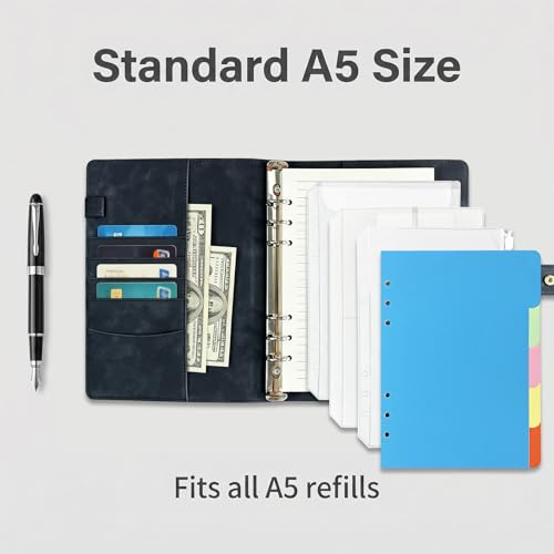 A5 6 Ring PU Leather Binder Notebook Refillable Planner Organizer, Budget Binder with Pockets Dividers Refill Paper for Office School Travel Diary (Black) - color: Black