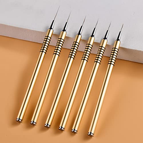 Nail Art Liner Brushes Set, 6Pcs Nail Art Design Brush Striping Thin Long Lines Dotting Drawing Pen, UV Gel Polish Painting Metal Handle Striper Brushes Size 5/7/9/11/20/25mm - color: Gold