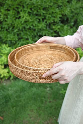 HITOMEN 14.2" Hand-Woven Round Rattan Serving Tray Decorative Ottoman Wicker Platter with Handles for Coffee Table, Breakfast, Drinks, Snack, Bread, Fruit, Vegetables (Natural-L) - color: Natural, size: Large (14.2 inches)