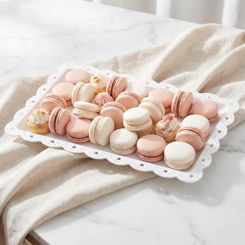 Peohud 12 Pack White Plastic Serving Tray with Lace Rim, Rectangle Food Trays, Disposable Serving Platters and Trays for Party, Wedding, Restaurant, 14.4" x 9.3"
