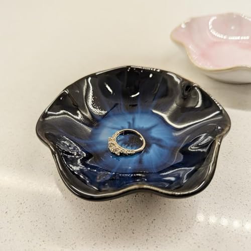 2Pcs Ceramic Jewelry Dish - Lotus Leaf Shape, for Ring Holder Necklace Small Key, Suitable for Mother Friend Sister, Gifts for Women, Cute Plate Trinket Tray, Home Decor (Blue-2PCS) - color: Blue-2PCS