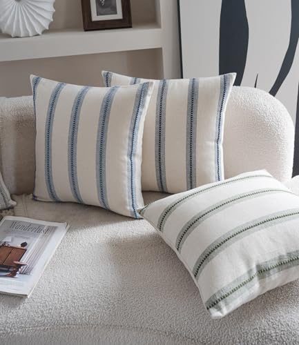 Cethom Boho Throw Pillow Covers 22x22 Set of 2, Beige and Blue Striped Decorative Pillow Cases for Couch Chair Bed, Textured Farmhouse Accent Cushion Covers for Living Room Bedroom Sofa Home Decor - color: Classic Blue, size: 22" x 22" (Pack of 2)