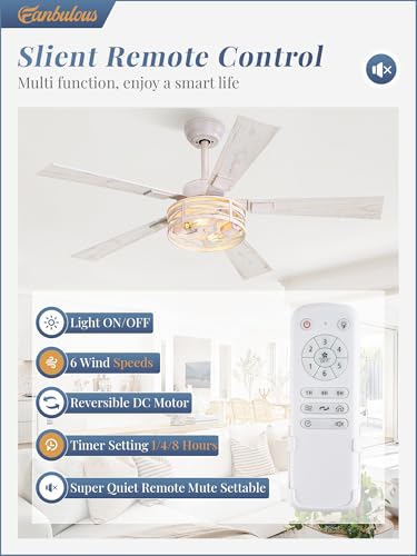 Fanbulous Farmhouse Ceiling Fans with Light & Remote, 48" Caged, 6-Speed - color: White and Gold, size: 48 Inch