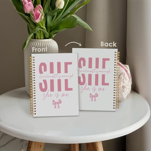 Coquette Pink Bow Christian Spiral Notebook, Bible Journaling Notebook, Religious Prayer Journal for Woman, Church Notes Journal, She Loved Worthy Enough Hardcover Notebooks 5.5x8.3 - color: Pink Bow - She is me