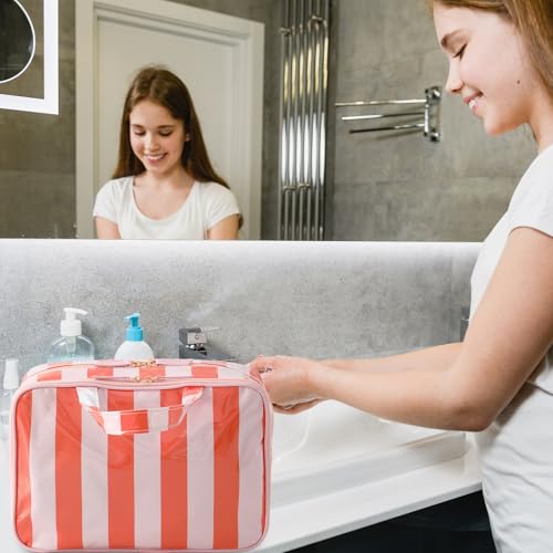 Toiletry Bag for Women, Pink and Orange Stripe - color: Pink-Orange