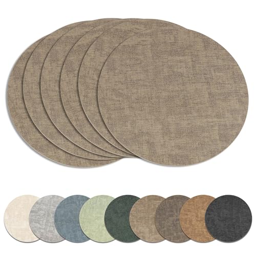 13" Round Placemats Set of 6, Reversible Faux Leather Wipeable Table Mats - color: Light Coffee