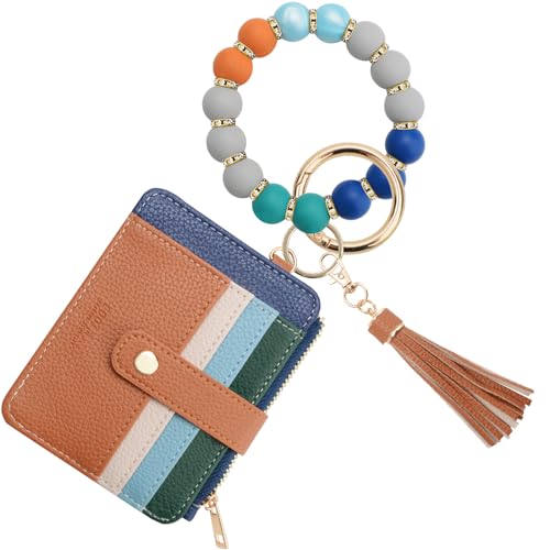 COOLANS Silicone Bracelet Wristlet Wallet Credit Card Holder RFID ID Window Key Ring Tassel Slim Wallet Women Keychain Purse - color: Brown Color Blocking