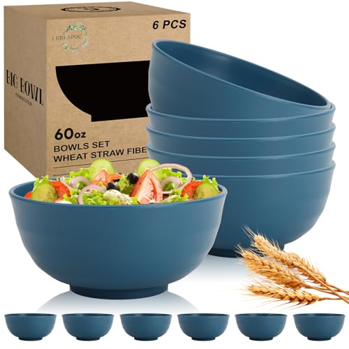 Wheat Straw Bowls Set of 6, 60 OZ Unbreakable Camping Bowls, Microwave Safe & Dishwasher Safe, Large Salad Bowls for Outdoor, Picnic, RV Trips, Ramen, Cereal, Soup, Dark Blue - color: Blue, size: 60 OZ