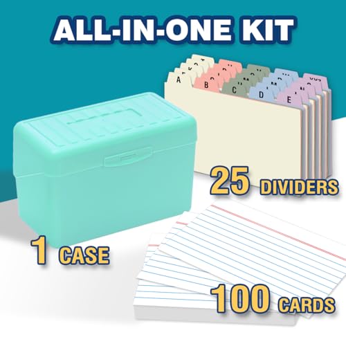 H4D 3x5 Index Card Holder with 100 Index Cards and 25 Dividers, Mint Green - color: Mint Green, size: 3"x5"