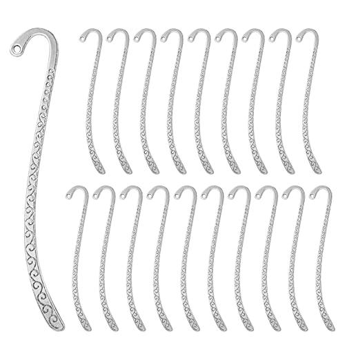 EKDJKK 20 Pack Metal Bookmark Hairpin Hook Antique Vintage Silver Carved Hook Bookmark with Loop Metal Book Markers Embossed Bookmarks, Jewelry Making Charms