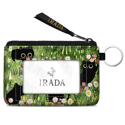 IRADA ID Case Wallet Keychain with Clear ID Window Zipper Cute Coin Purse for Women Water Resistant Small Coin Pouch-Black Cat Floral Keychain Wallet - color: Black Cat Floral-Keychain Wallet