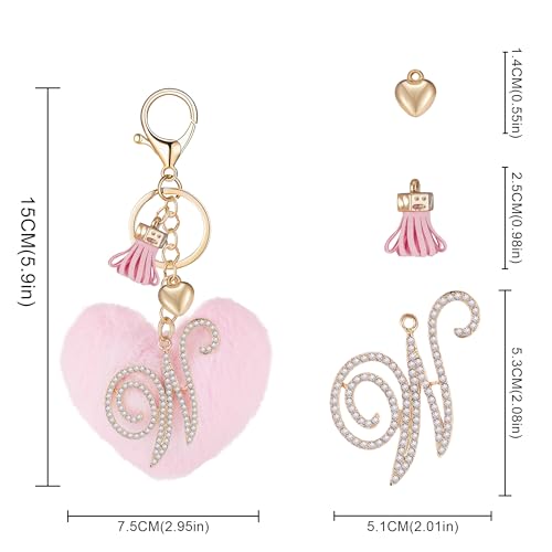 Initial Letter Heart Pom Pom Keychain for Women Pink Soft Fluffy Ball Key Ring for Purse Backpack Handbag - color: W