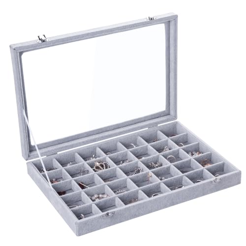 Frebeauty 35 Grid Earring Organizer,Velvet Jewelry Tray with Clear Lid - color: Grey, size: 35 Grid