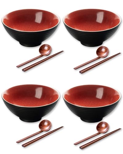 Large Japanese Ramen Bowl Set of 4, Material Safety Ceramic Ramen Bowls with Matching Chopsticks and Spoons, 8 Inch 40oz Pho Bowls Ramen Noodle Bowl for Asian Udon Soup Salad Cereal(Red) - color: Red-4 Bowl Set