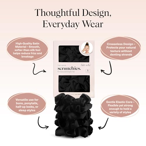 Kitsch Satin Scrunchies for Women | For All Hair Types - Black, 5pcs - color: Black