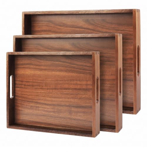 Acacia Wood Tray Set of 3, Stackable Serving Trays with Thick Base, Multi-Size Decorative Wooden Platter for Kitchen, Dining Room, Living Room, Coffee Table, Home Decor & Food Serving