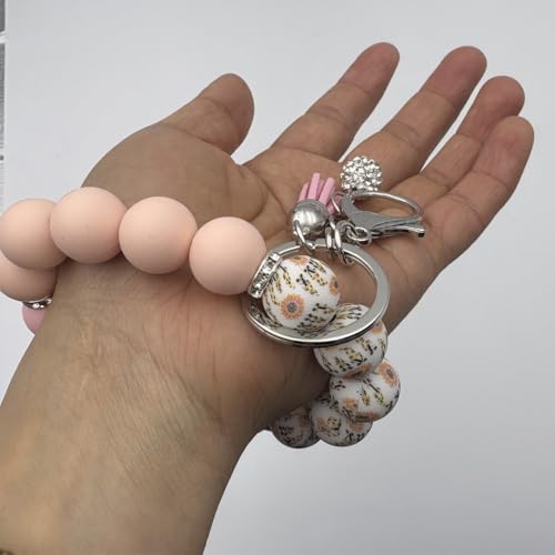 Unpafcxddyig Silicone Bead Keychain Bracelet Wristlet Key Ring - color: Rainbow Pink