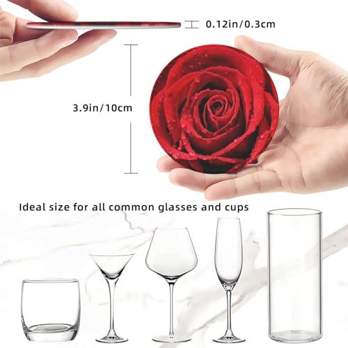 6 Pcs Leather Coasters for Drinks with Holder Blooming Red Roses Coaster Sets Drink Table Cup Coasters for Kitchen Coffee Decor - color: Red Roses