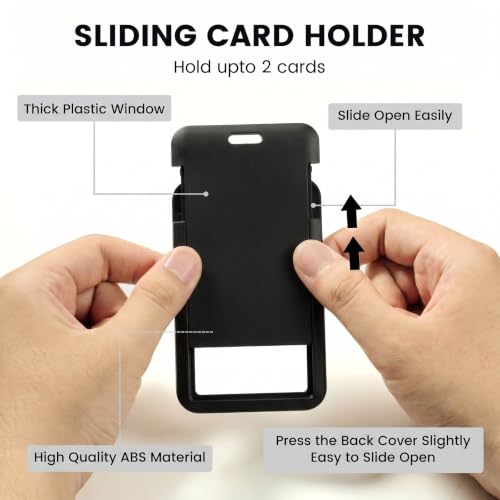 ID Card Badge Holder Key Chain with Metal Keyring, Plastic Slide Open with ID Window for Women Men Girls Students - color: Pure Black