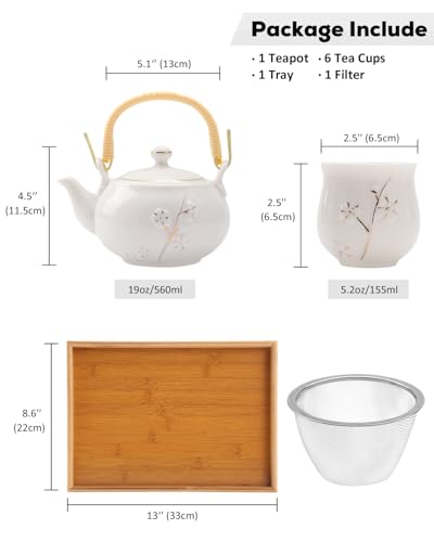 Dujust Japanese Tea Set, White Porcelain Chinese Tea Set (Plum in Golden) - color: White