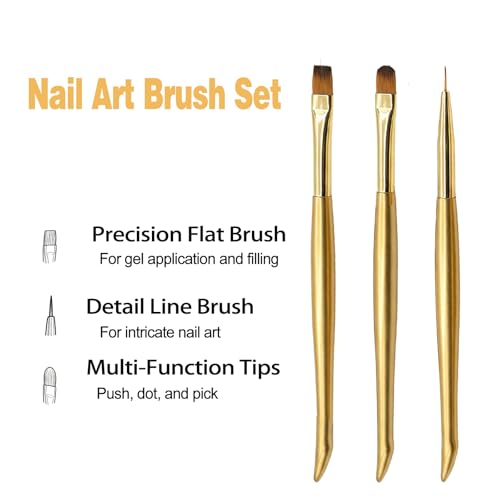 3 Pcs Gold Nail Art Brush Set - Premium Gel Polish Brushes with Ergonomic Curved Handles, Includes Ultra-Fine Liner, Flat, and Oval Brushes for Nail Extension, Painting, and DIY Manicure Detailing