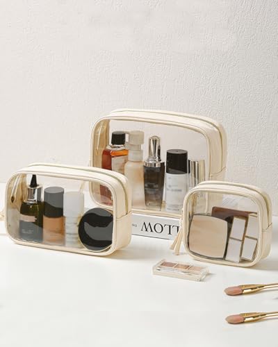 3Pcs Travel Clear Makeup Bag Set for Women, Transparent Toiletry Bag with Zipper Portable Makeup Pouch Organizer Waterproof Small Cosmetic Bag Compact Car Bag Organizer Car Accessories (White Set) - color: White Set