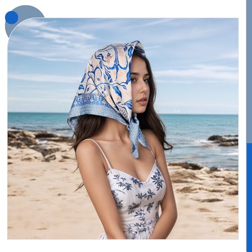 Seawhisper Premium Printed Satin Silk-Like Neck Scarf for Women Square 26" - color: Blue