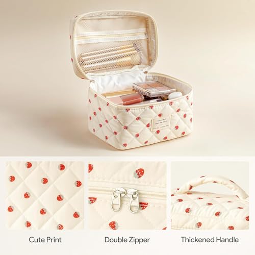 HBselect Quilted Makeup Bag, 3Pcs Cotton Large Travel Makeup Bags Organizer - color: A-3PCS-Floral 15