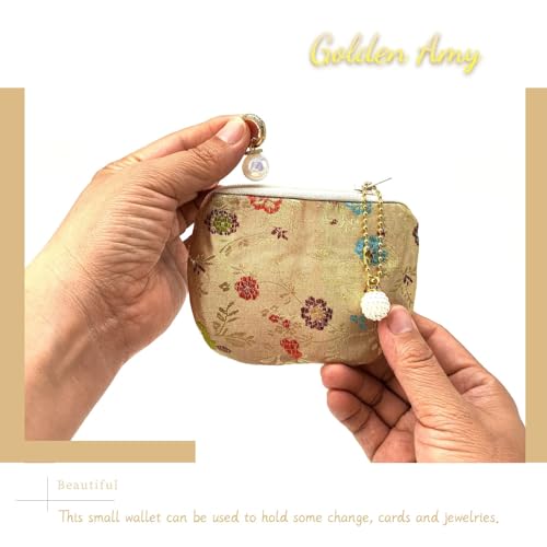 Handmade Women Coin Purse Brocade Wallet Zipper Rosary Pouch Silk Jewelry Bag - Wheat - color: Wheat