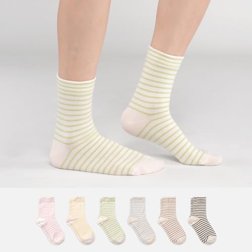 Womens Cotton Crew & Ankle Socks, Cute Floral Ruffle Colorful Tube Size 6-9 - color: Striped B