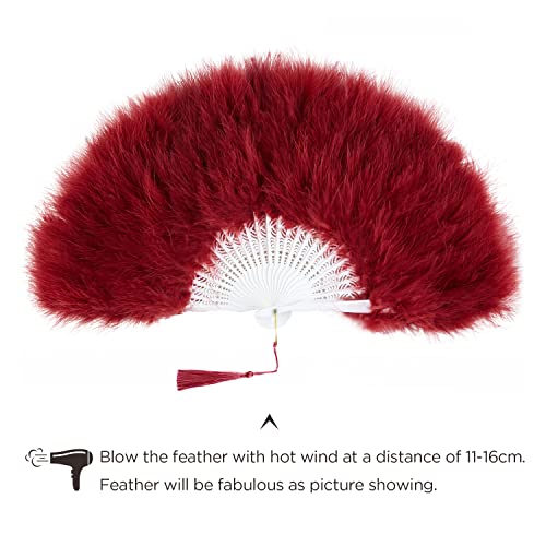 BABEYOND 1920s Marabou Feather Folding Hand Fan - color: Wine Red
