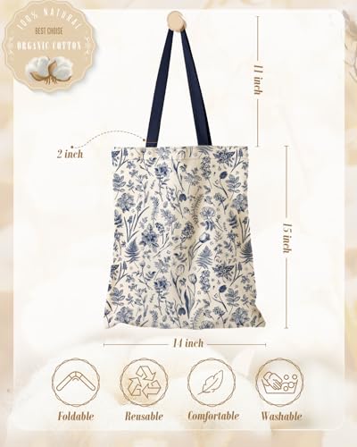 Miss Adola Canvas Tote Bag for Women with Inner Pocket - color: Blue Line Flower