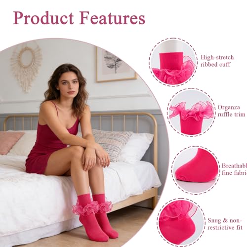 Big Ruffle Socks Women(Size 5-11) Turn Cuff Cotton Lace Frilly Socks - color: 4 Pairs - Rose Red,black,white,navy Blue, size: 9-11
