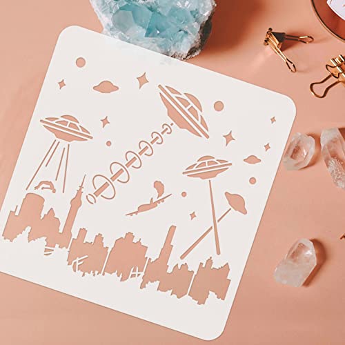 FINGERINSPIRE UFO Attack on City Stencil 11.8x11.8inch, Alien Template Stencils UFO Spaceship Humans City Buildings Pattern PET Reusable Large Stencils for Painting on Wood, Floor, Wall, Fabric - color: UFO Attack City