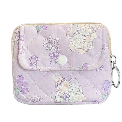Cute Prints Cotton Quilted Coin Purse for Women Girls - color: PURPLE BOUQUET