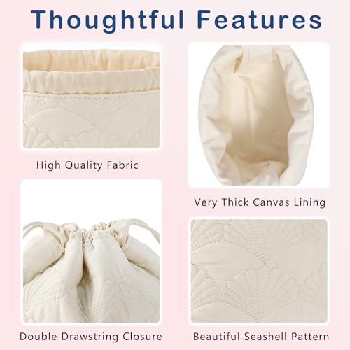 RSRSLEII Quilted Cotton Seashell Drawstring Makeup Bag, Toiletry Bag, White - color: Drawstring White