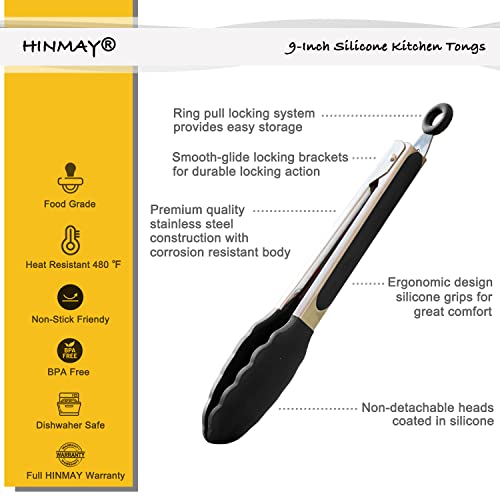 HINMAY Serving Tongs 9" Cooking Tongs with Silicone Tips, Set of 3 (Black) - color: Black