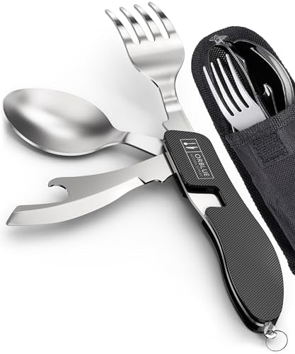 Orblue 4-in-1 Camping Eating Utensils, 2-Pack - Portable Spoon, Fork, Knife & Bottle Opener Combo Set - Stainless Steel Flatware with Detachable Fork - Travel, Backpacking Cutlery Multitool, Black - color: 2-PACK Boundless Black