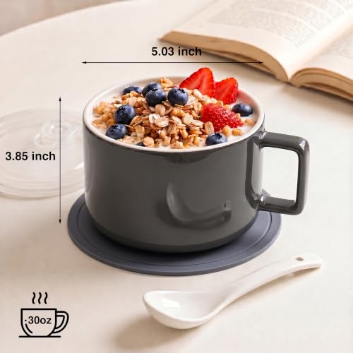 Ceramic Soup Bowls with Handles & Lids, Set of 2 with Spoons & Trivets, 30oz Large Soup Mugs, Oven Safe Bowls for Soup, Ramen, Oatmeal & Cereal, Microwave & Dishwasher Safe, Gray - color: Gray
