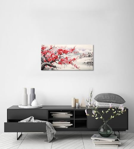 NAN Wind Asian Wall Art Traditional Chinese Painting Oriental Red Plum Blossom Canvas Pictures for Wall Decor Home decor for Living Room Cherry Blossom Decor Landscape Artwork Framed Ready to Hang - color: Red-One Piece, size: 16"L x 8"W