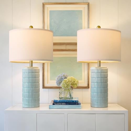 PoKat 23" Light Blue Table Lamps Set of 2, Modern Bedside Lamps for Bedroom, Coastal Ceramic End Table Lamps for Living Room, Ocean Nightstand New Home Decor Lamps - color: Light Blue