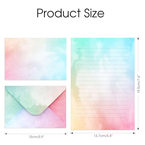 Watercolor Stationary Paper and Envelopes Set, 24 Lined Writing Papers and 12 Envelopes, 6 Designs Aesthetic Letter Kit for Love Letters, Thank You Notes and Party Invitations