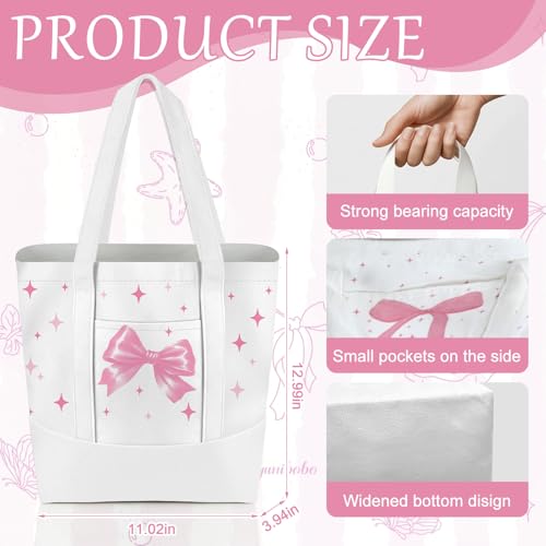 6 Pcs Mini Floral Bow Tote Bags for Women White Canvas Tote Bag Bulk Reusable Coquette Bags for Wedding Party Favor - color: Pink Bow
