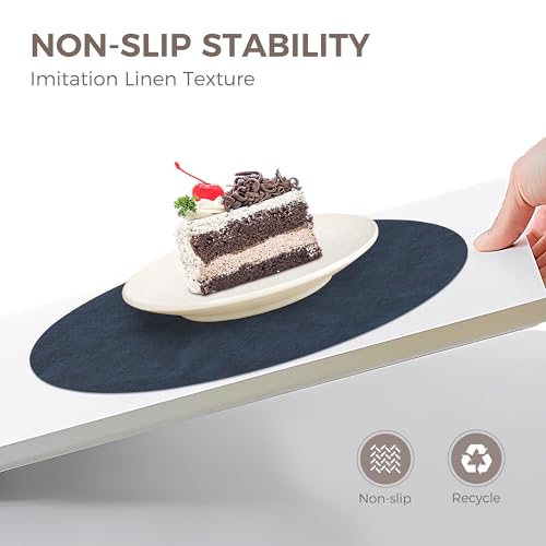 13" Round Placemats Set of 6, Reversible Faux Leather Wipeable Table Mats - color: Navy Blue